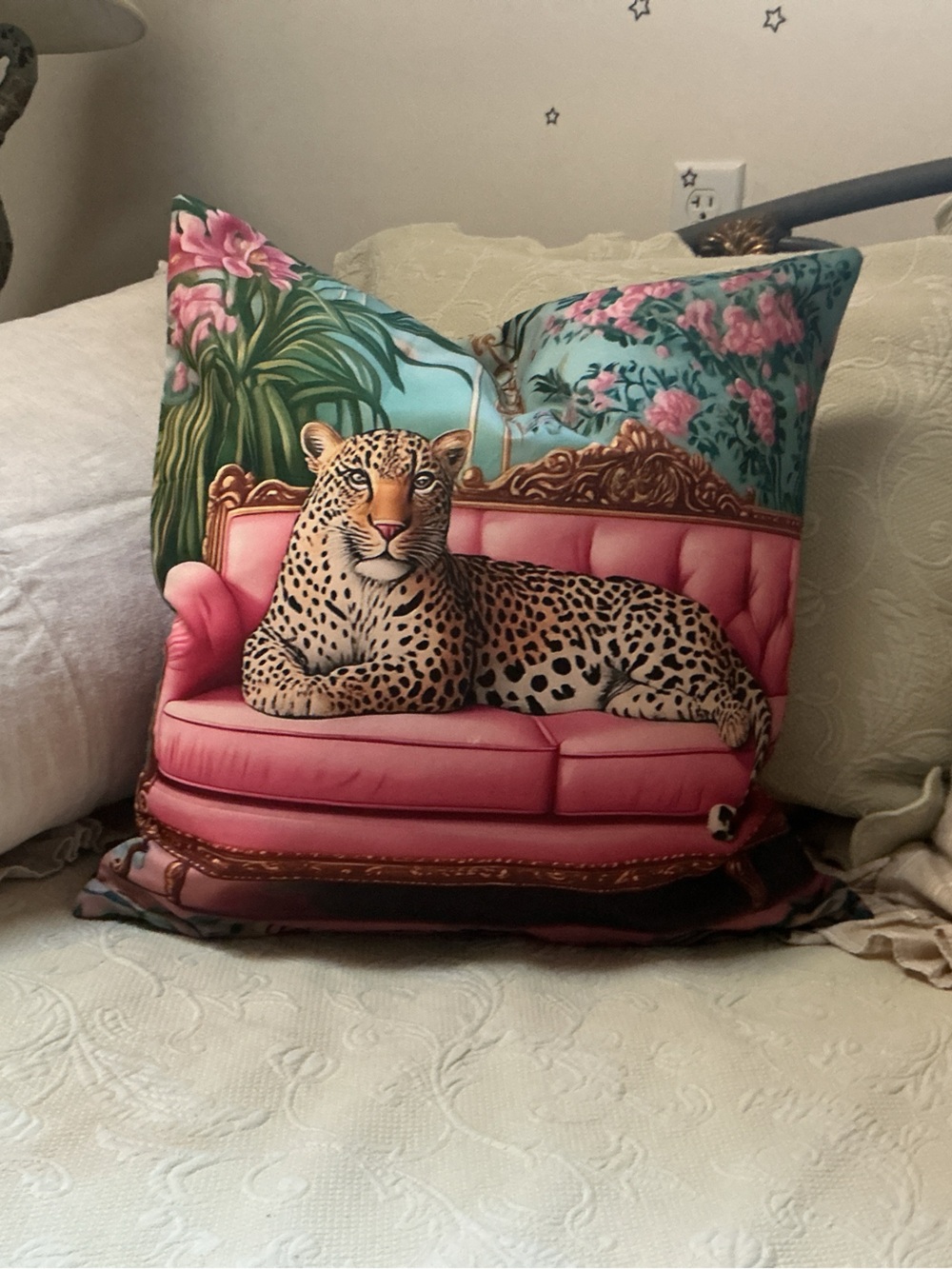 Decorative Leopard Print Throw Pillow in Pink and Teal - Brand Unspecified